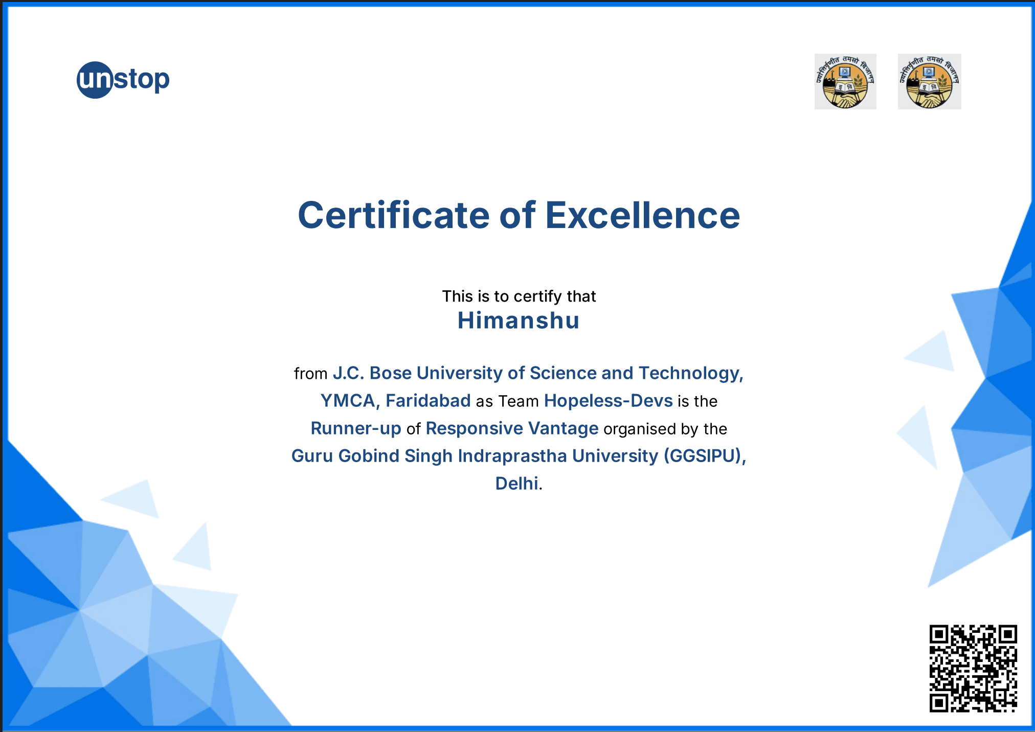 Responsive Vantage web development hackathon certificate