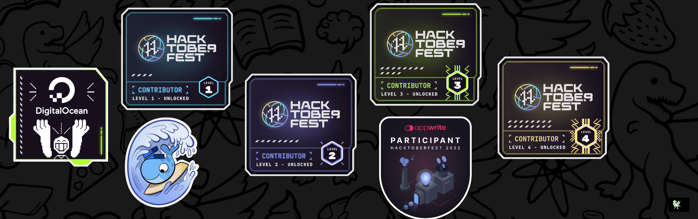 Holopin badge board for Misterr-H showing Hacktoberfest 2022 badges